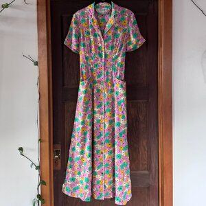 HVN Maria long printed silk crepe de chine midi shirt dress